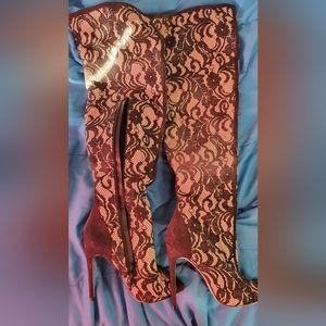 Thigh high laced open toe boots